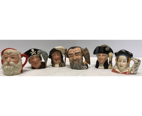 Collection of 6 Royal Doulton miniature character Toby jugs, approx 7cms tall inc Santa Claus, Lond John Silver, Athos, Merli