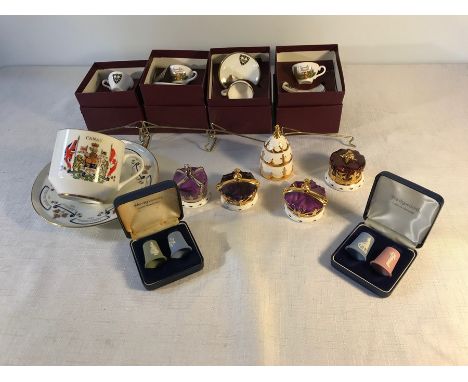Caverswall miniature cups and saucers, Beverley Minster, 5 Royalty coronet crowns, 2 pair of Wedgwood thimbles and Aynsley cu