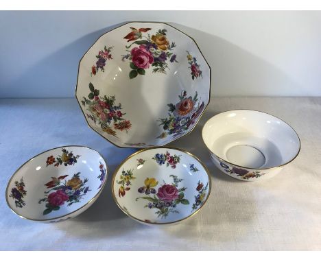 Caverswall hand painted fruit bowl, Summer Bouquet 25cms w and three small bowls, signed W.R. Tipton and one signed M Grant. 
