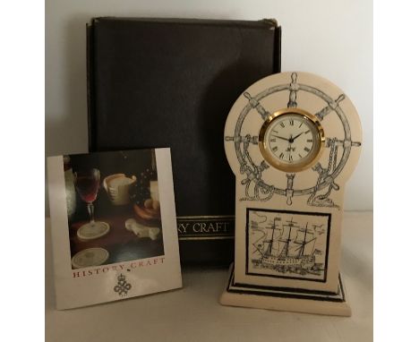 History Craft, England, Scrimshaw design mantle clock, unused, retail boxed, approx 14cms t. 