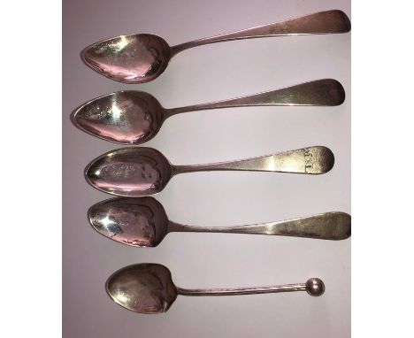 Five various mainly Georgian silver teaspoons, 65.5gms