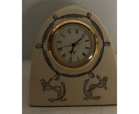 History Craft, England, Scrimshaw design mantle clock, unboxed, China Clipper Cutty Sark, 7cms t.  