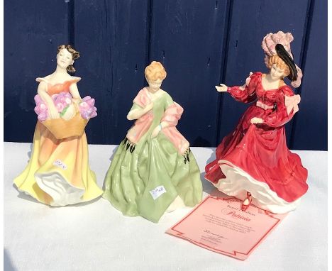 Three ceramic ladies including Royal Doulton Lesley HN 2410, Patricia HN3365 and Royal Worcester, First Dance 3629 modelled b