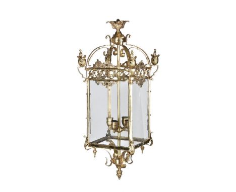 A brass and glazed four light hall lantern in the manner of Victorian examples, second half 20th century, the square section 