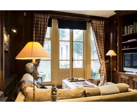 A pair of floor length curtains in beige and tan check linen mix material, each approximately 300cm drop, approximately 150cm