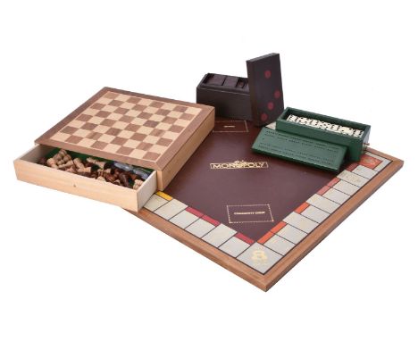 A collection of games items, comprising; a walnut, line inlaid, and leather inset monopoly board, probably by Linley, 54cm sq