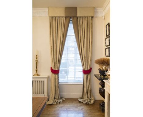 Three pairs of full length curtains in raw silk, beige and silver brown wide stripes, lined and interlined, each approximatel