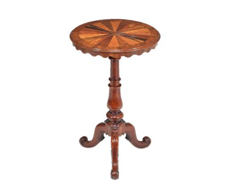 ϒA Victorian mahogany and specimen parquetry tripod table, circa 1860, the circular top incorporating radially inlaid veneers