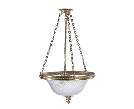 A cut glass and gilt metal mounted ceiling light in Regency taste, 20th century, the dished circular body with acorn terminal