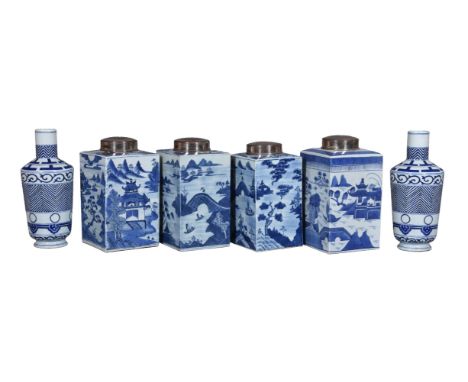 Four similar blue and white porcelain square jars, in Kangxi style, each with silver plated lids, the bodies decorated with C