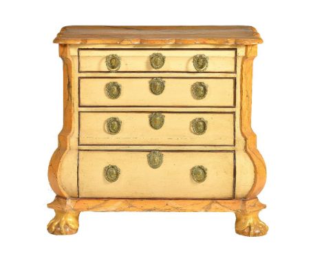 A Continental painted commode in 18th century style, 19th century, of bombe outline, painted in part to simulate Sienna marbl