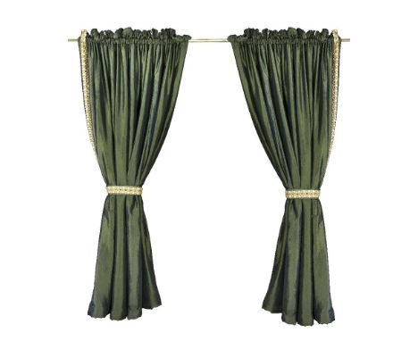 A pair of dark green satin and embroidery trimmed curtains, second half 20th century, lined and interlined, cotton backed, wi