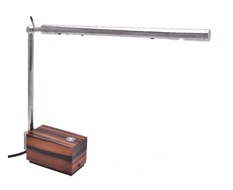 David Linley, A calamander veneered and chromed desk lamp, late 20th century, the angle adjustable arm above the rectangular 