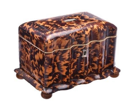 ϒA George IV or William IV tortoiseshell veneered, metal strung and ivory banded tea caddy, second quarter 19th century, of r