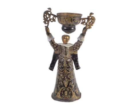 A Continental, probably German, enamelled copper 'wager cup' in the manner of designs by Hans Kellner, first half 17th centur