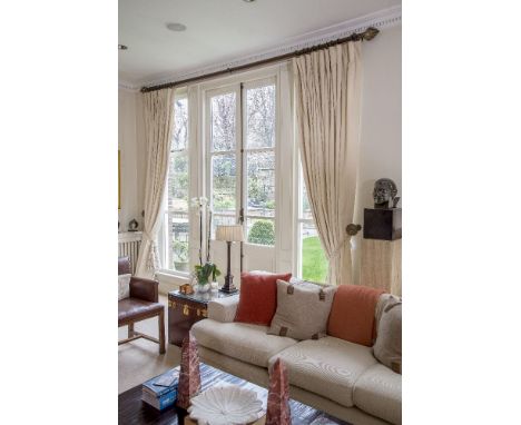 Two pairs of full length cotton damask curtains, each approximately 290cm drop, 180cm wide, together with another pair, each 