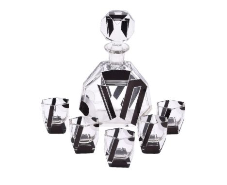 A Czech Art Deco glass part spirit set, circa 1930, of faceted form with black enamel chevrons; a decanter and stopper and fi