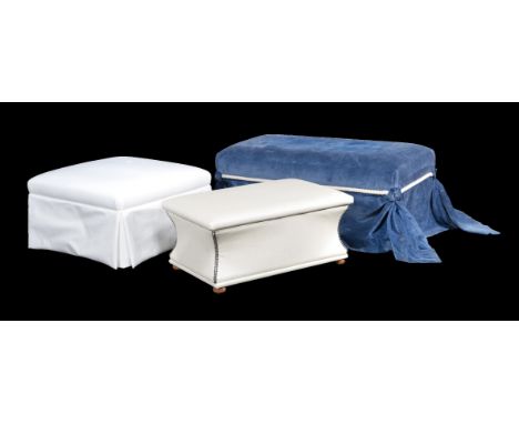 An oak and mid-blue velvet upholstered centre stool, of recent manufacture, with cream rope twist piping, 49cm high, the top 