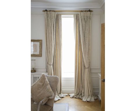 Three pairs of beige silk damask curtains, approximately 300cm drop, 100cm wide, together with matching inner curtains with s