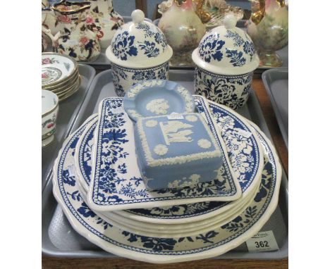 Tray of assorted china to include; two Wedgewood Jasperware pin trays and a similar trinket box, Mason's Ironstone 'Blue Bati