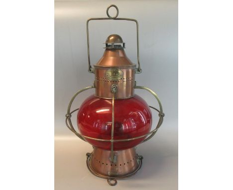 Early 20th Century copper lantern 'For W.M. Harvie & Co Limited, Birmingham' with ruby glass globe shade and copper mounts an