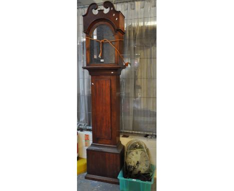 19th Century mahogany longcase clock, carcass only, together with a box of longcase clock parts to include; two faces, one by
