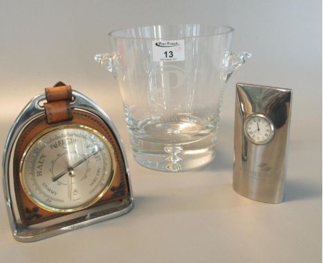 Plumpton Racecourse two handled glass ice bucket, together with a Wetherby Racecourse quartz mantel clock and a novelty leath