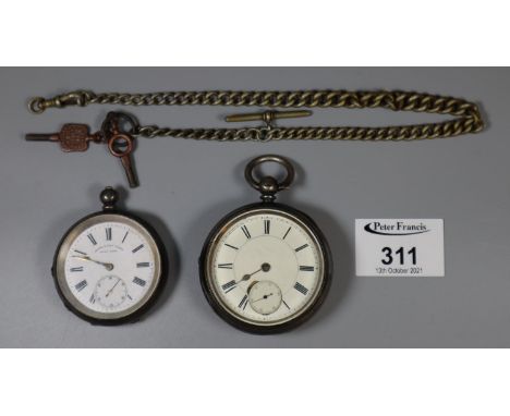 Two silver open face pocket watches with enamel faces and Roman numerals, one marked Henry E. Peck, London. Together with a p