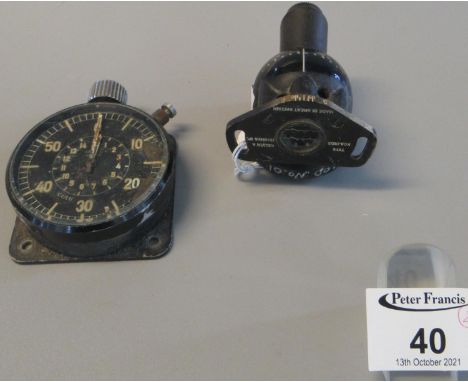 Aircraft type dashboard or flight panel stopwatch, together with a similar aircraft type ceiling mount compass. (2)(B.P. 21% 