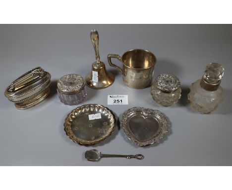 Bag of silver items and oddments to include dressing table jars and covers, scent bottle with silver collar, christening mug 