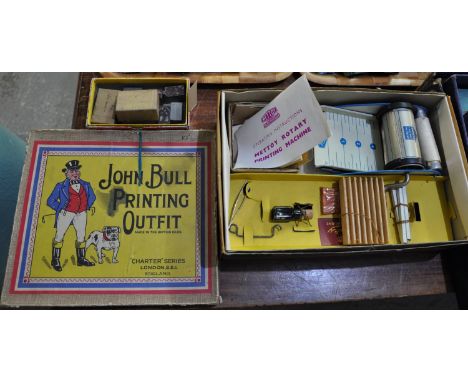 Collection of vintage printing items to include; Mettoy Rotary, complete with accessories in original box, John Bull printing
