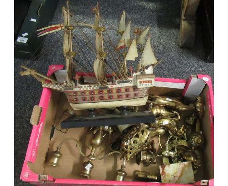 Box of mostly metalware to include; brass horses, a brass study of a kingfisher, windmill, ashtray, owl, bell, candelabrum et