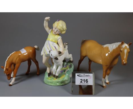 Royal Doulton bone china figurine 'April' 3416, together with two Royal Doulton horses, one appearing to be a foal. (3) (B.P.