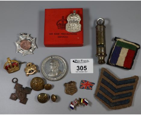 Bag of medals, badges and similar ephemera to include; The Metropolitan patent J Hudson & Co Birmingham whistle, Centenary of