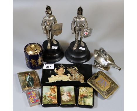 Collection of table lighters, two in the form of knights in armour, and Colibri lighter. Together with various novelty cigare