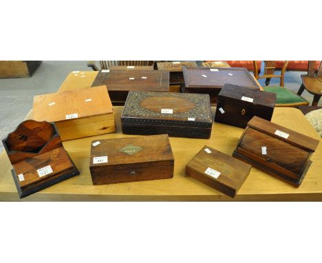Collection of boxes and similar items to include Georgian two-section mahogany tea caddy, oak box marked Wilts & Dorset Bank,