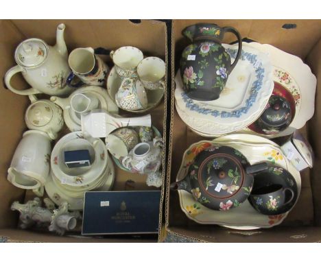 Three boxes of mostly china to include; Wedgwood floral design basaltware part teaset with teapot, teacup and saucer and lidd