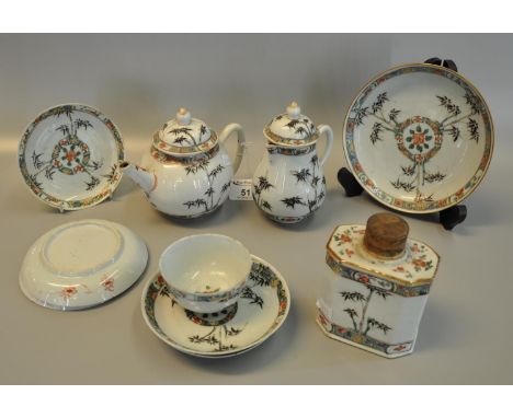 An early 18th Century Chinese porcelain 'Kangxi' style 'famille verte' part tea service comprising; teapot, milk jug, tea cad