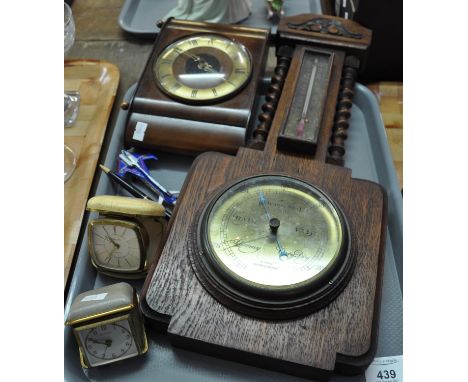 Tray of assorted items to include; a wooden wall barometer with thermometer, a vintage Smiths mantel clock, a diecast toy 'Sp