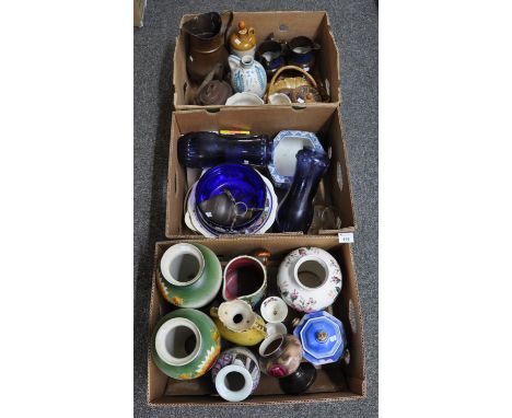 Three boxes of assorted china etc. to include: an Art Nouveau copper kettle, pitcher, copper lustre jugs, stoneware stoppered