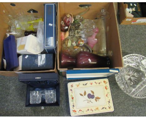 Three boxes of assorted items to include; coloured glass vases, large cut glass centre bowls and vase, coloured glass scent b