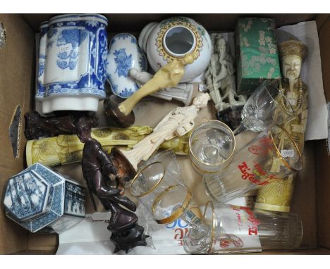 Box of assorted oriental and other items to include; ginger jar and cover, boxes and covers, tea caddy, resin figurines, drin