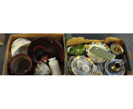 Two boxes of assorted china etc to include: a large wooden abstractly decorated bowl, a German bowl by Franz Mehlem, Bonn, Vi