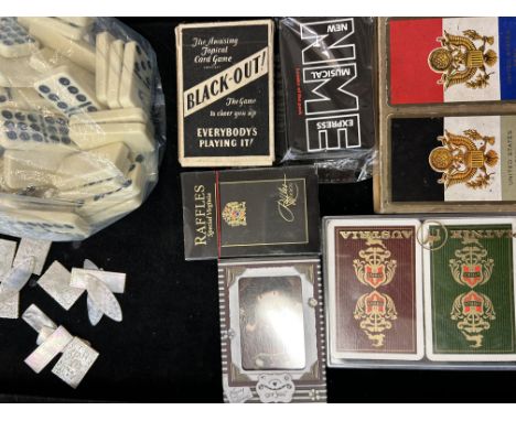 Vintage mother of pearl gaming tokens, collection of dominos &amp; playing cards 