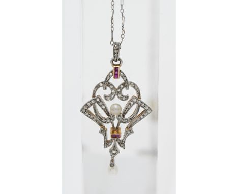 An Edwardian ruby, diamond and pearl set pendant on fine chain