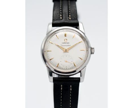 Omega, a vintage gents Seamaster, stainless steel, with gilt batons and sub second dials, leather strap, inscribed to the bac