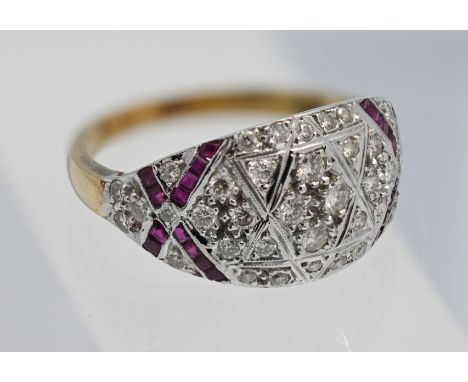 An 18ct yellow gold diamond and ruby 'Art Deco' style ring, size Q.