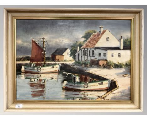 Louis Bendsen : Fishing boats in a dock, oil on canvas, 67 cm x 47 cm.