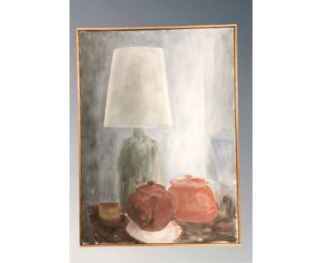 20th Century School : Still life of table lamp and pottery, oil on canvas, 94 cm x 66 cm.