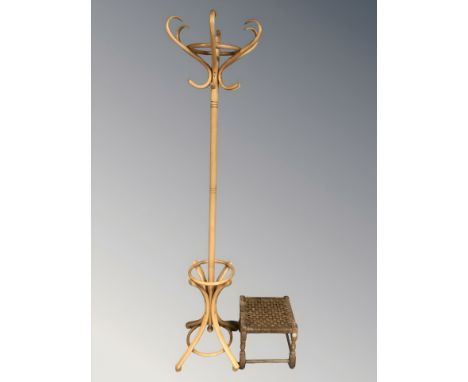 A bentwood hat and coat stand, and a small rattan stool